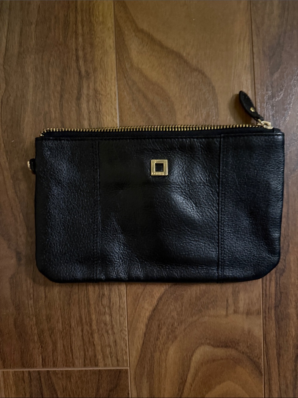 Black Leather Zip Wristlet with Gold Accent - missing leather strap